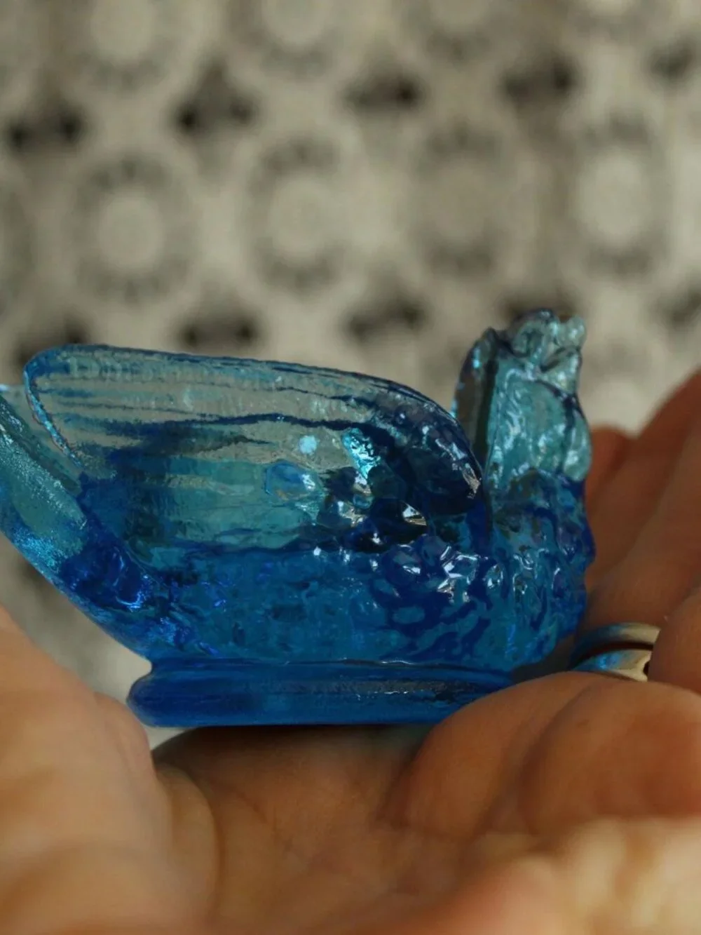 Vintage 1960s Salt Cellar, Kanawha Bermuda Blue Glass Bird with Berry